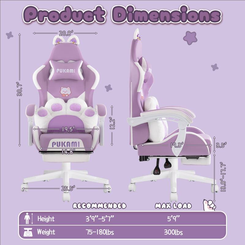 BOSSIN Gaming Chair with Cat Ears and Cat Paw Cushion Pillow,Cute Kawaii Reclining Computer Chair for Girl with Footrest