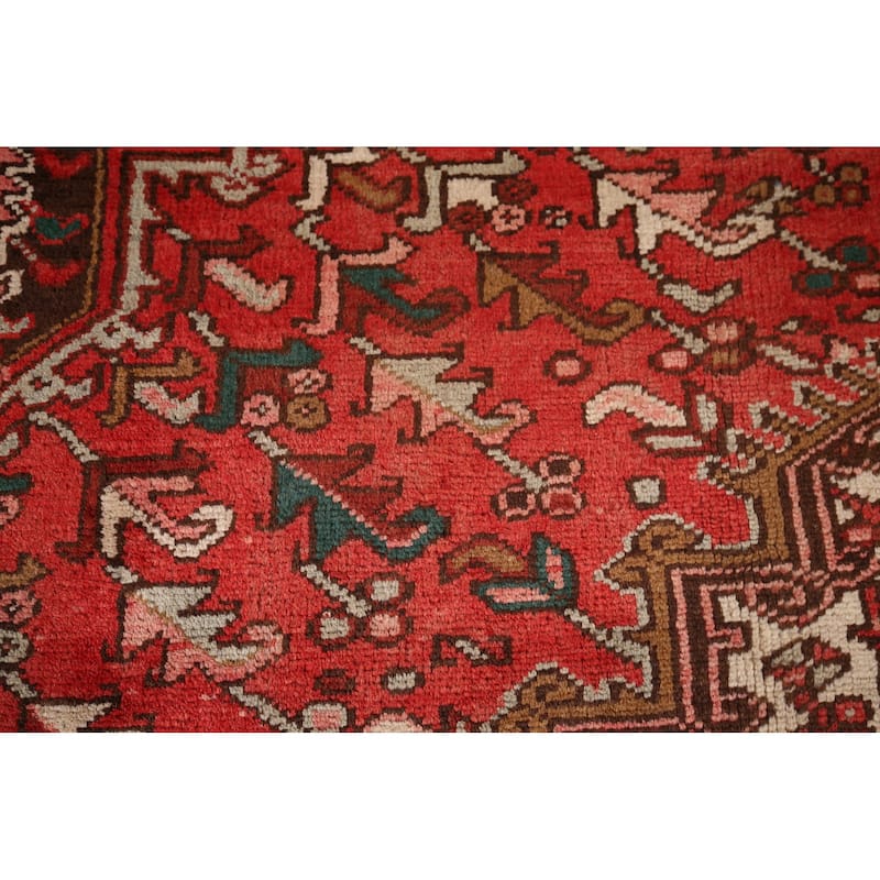 Geometric Heriz Persian Vintage Area Rug Hand-Knotted Red Wool Carpet - 7'5"x 10'9"