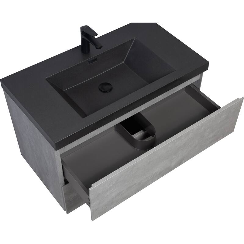 36" Wall-Mounted Floating Vanity with Premium Quartz Sand Basin, Grey Modern Storage Cabinet