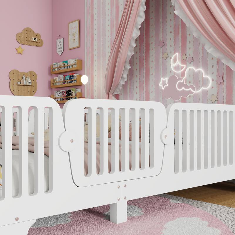 Kids Floor Bed with Safety Fence and Removable Door for Boys Girls