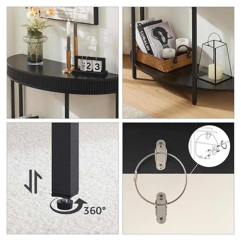 Fluted Half Moon Console Table, 47" Width Modern 2-Tier Black Entryway Console for Living Room Hallway Foyer - Black - 47.6"W x 15"D x 31.5"H - MDF