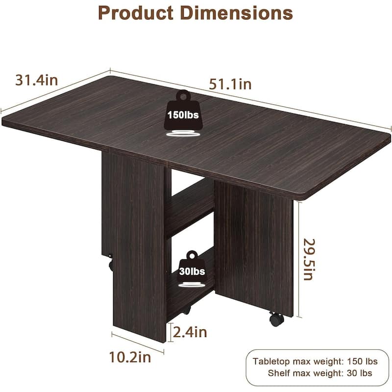 Folding Dining Table, Space Saving Farmhouse Dining Table for 4 Storage Shelf, 6 Wheels Multipose Expandable Kitchen