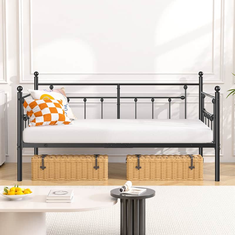 VECELO Roman Column Daybed 79" Iron Frame Space Saving Daybed Set with Rolling Trundle for Guest Teen Room Black or White