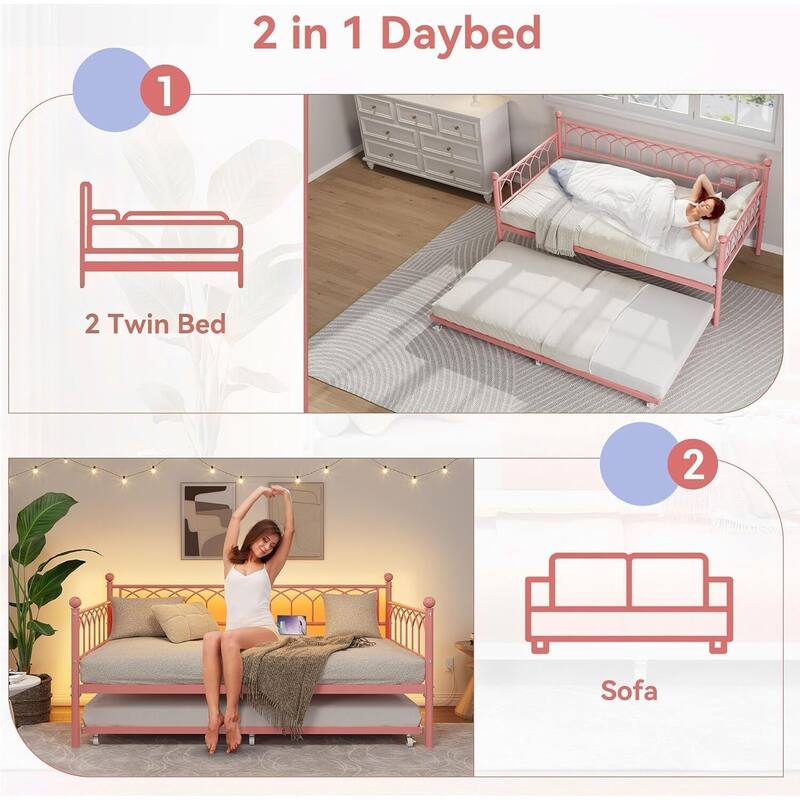 Heavy Duty Daybed, Twin Size Platform Sofa Bed Frame Set with Charging Station