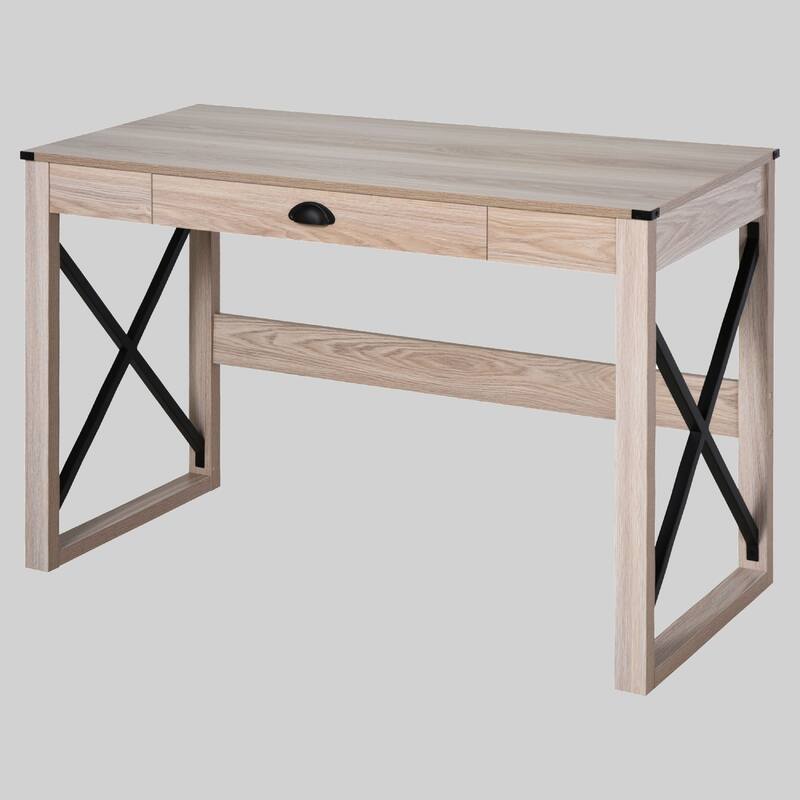 Compact 44" Home Office Computer Desk, Rustic Farmhouse Desk with Storage Drawer and X-Frame Design - Natural