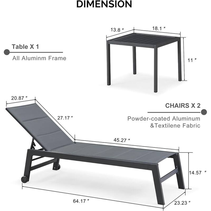 PURPLE LEAF Outdoor Chaise Lounge Set of 2 Aluminum Patio Lounge Chair with Wheels and Side Table
