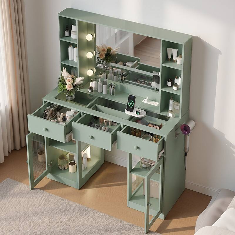 Particle Board Veneered 3 Drawers 2 Glass Doors Left and Right 2-tier Shelves Glass Tabletop Dressing Table - N/A