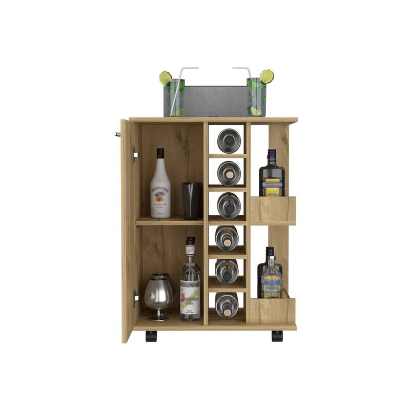 Bar Cart, Four Casters, Six Wine Cubbies, Single Door Cabinet