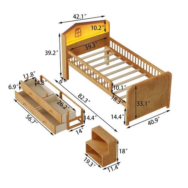 dimension image slide 1 of 2, Wooden Twin Size Low Loft Bed with House Shape Headboard Built-in LED Lights, Kids Storage Bed with Drawers and Storage Stairs