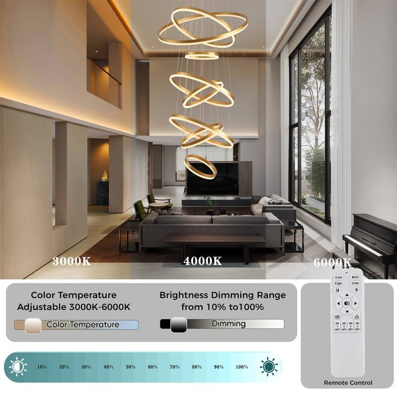 Modern Ring LED Chandelier Ring Adjustable Ceiling Light with Remote Control for High Ceilings