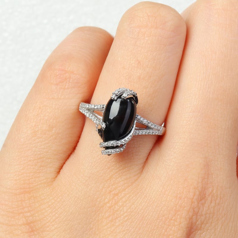 Miadora 3 1/2ct TGW Pear-Cut Black Onyx and 1/5ct TDW Diamond Swirl Ring in 10k White Gold