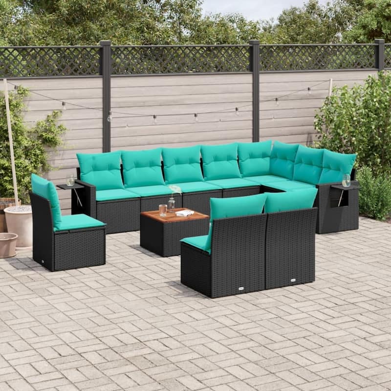vidaXL 11 Piece Patio Sofa Set with Cushions Black Poly Rattan - 24.4x24.4x27.2