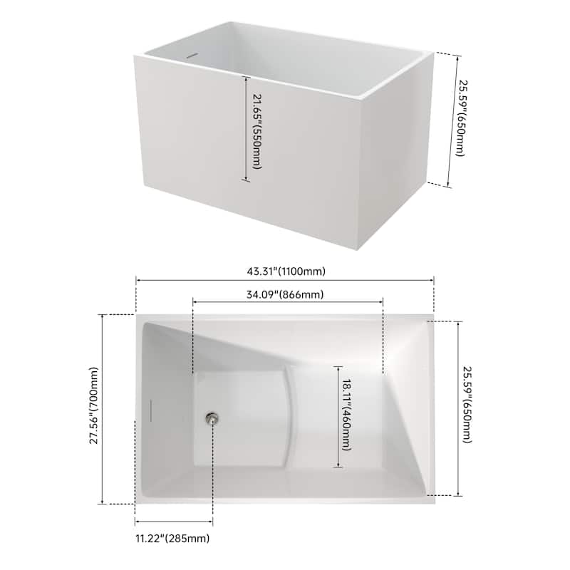 43 in. Freestanding Acrylic Japanese Soaking Bathtub, Compact Space-Saving Design with Included Drainer