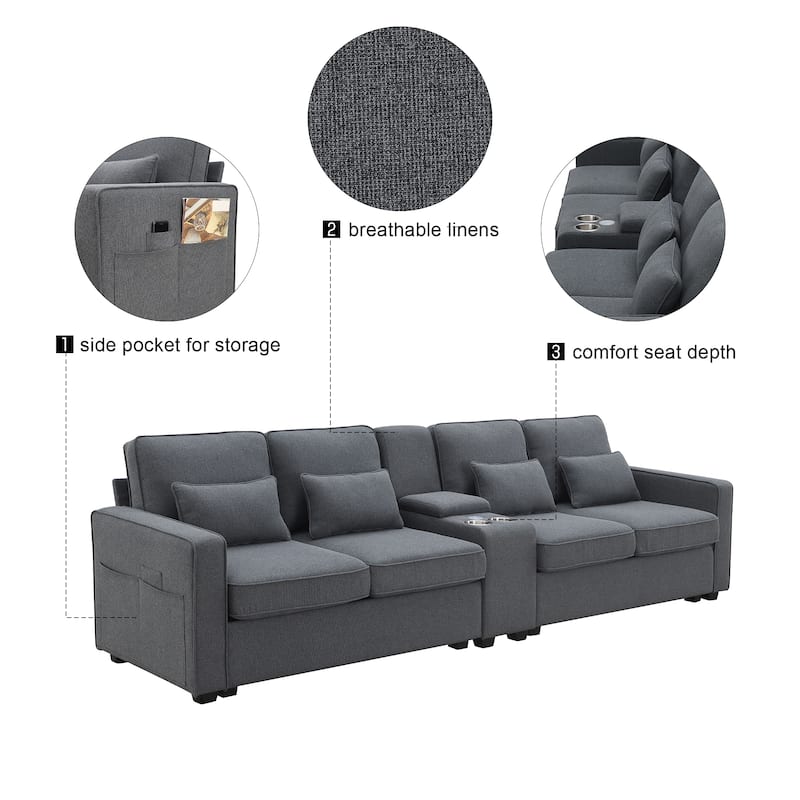 Modern Linen Fabric Upholstered Sofa with Console, 4Pillows,Cupholders,USB,Dark Gray