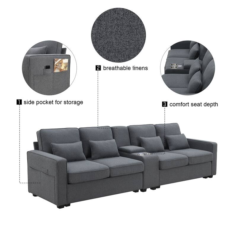 Upholstered 4-Seater Sofa 114" with USB Ports, Cup Holders, Storage for Living Room