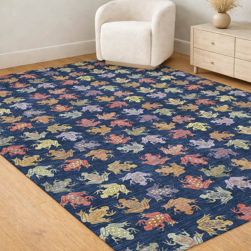 Machine Washable Indoor/ Outdoor Modern Frogs Chantille Rug