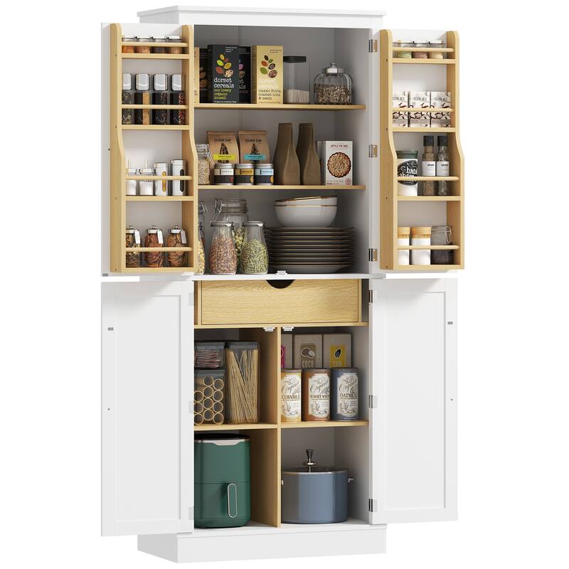 HOMCOM 72" Kitchen Pantry, Modern 4-Door Kitchen Storage Cabinet with Inside Drawer and Adjustable Shelf, White - White