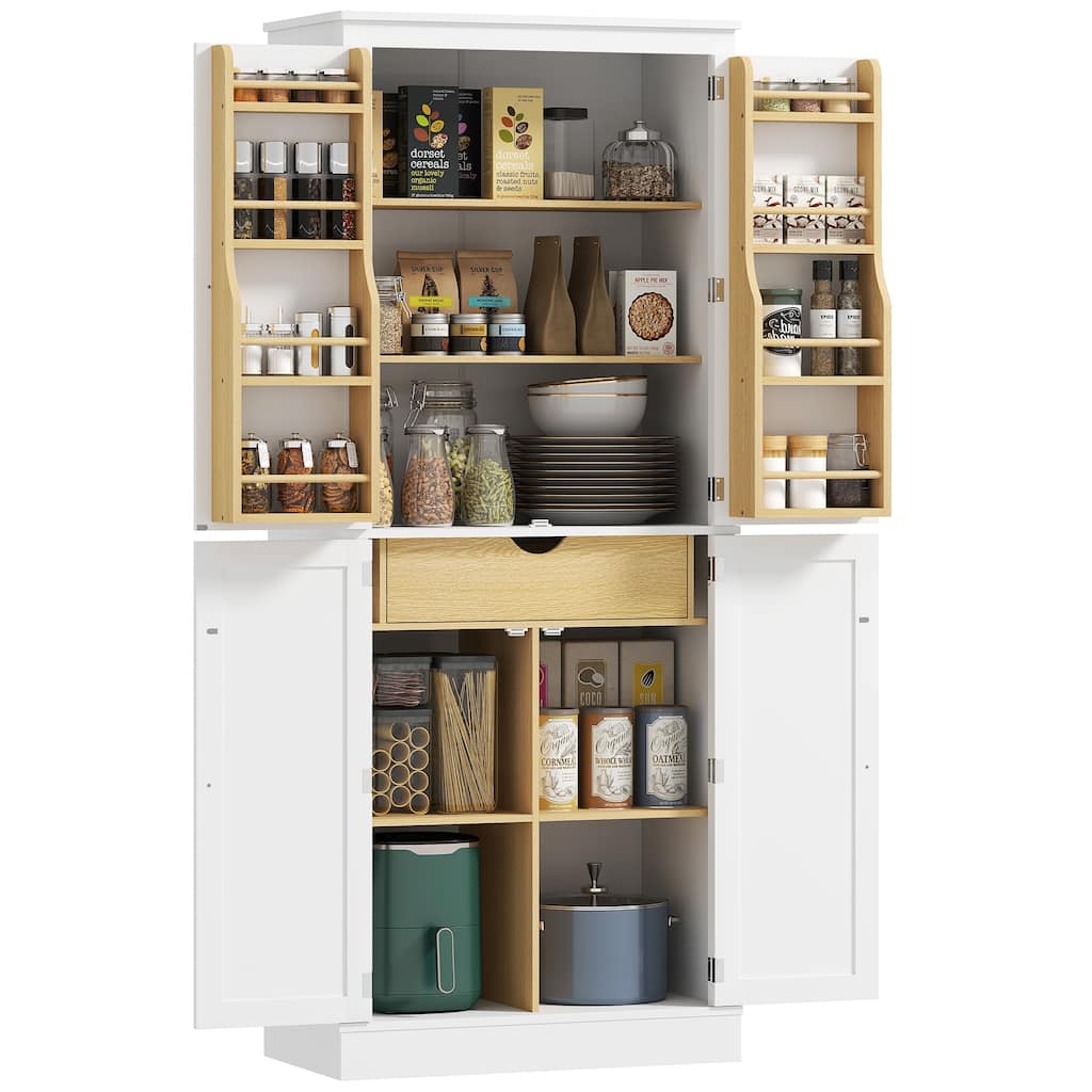 HOMCOM 72" Kitchen Pantry, Modern 4-Door Kitchen Storage Cabinet with Inside Drawer and Adjustable Shelf, White