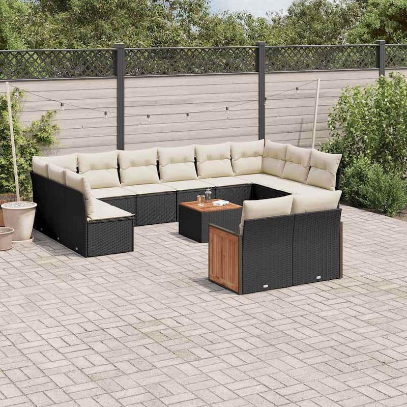 vidaXL Patio Sofa Set with Cushions Outdoor Conversation Furniture Poly Rattan - Black and cream with table - 21.7 x 21.7 x 14.6 in