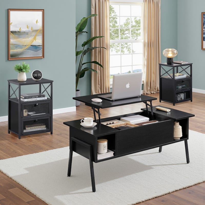 VECELO 3-piece Coffee Table Set,Lift Top Coffee Table with Hidden Storage and Nightstands Set of 2 - Black