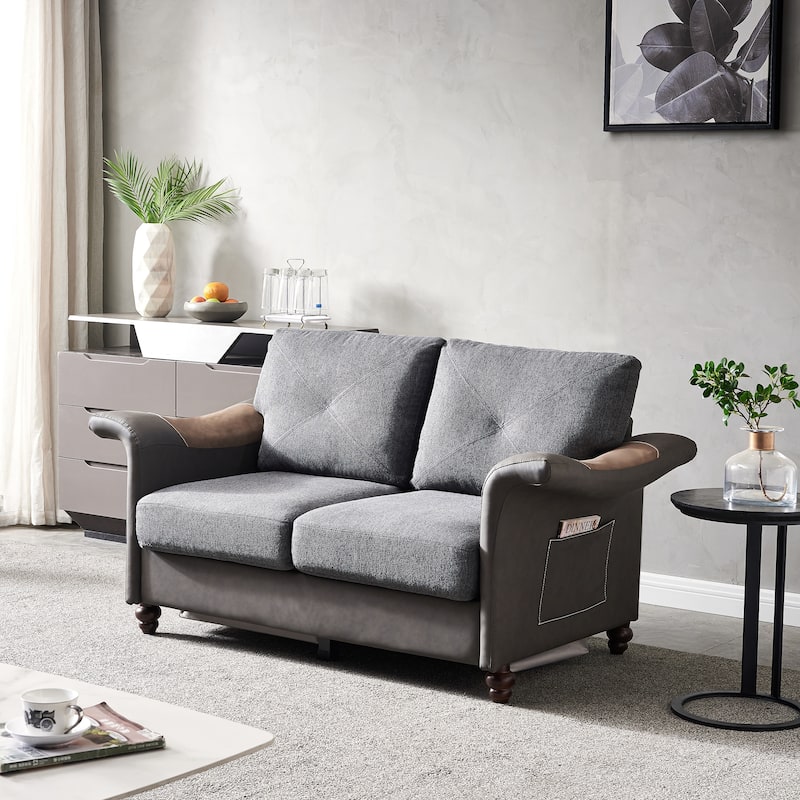 Modern Loveseats Sofa Linen Fabric+Faux Leather Sofa, Folding Armrest