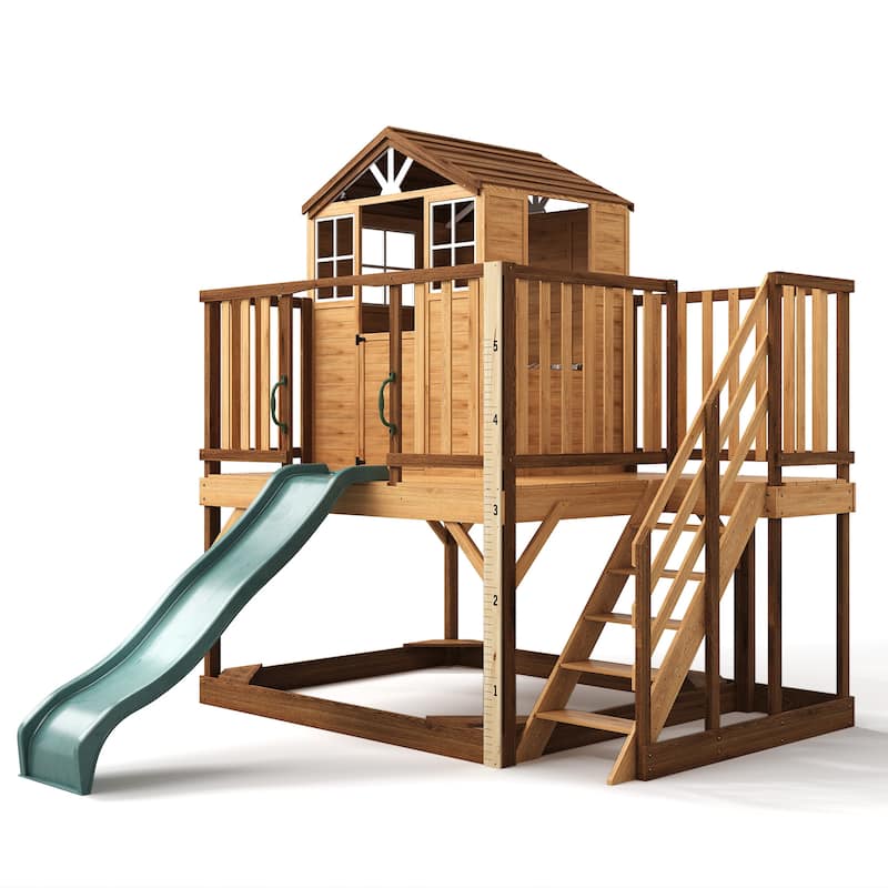 9-in-1 Wooden Playhouse with Slide & Sandbox - 110"L x 90.5"W x 98.4"H