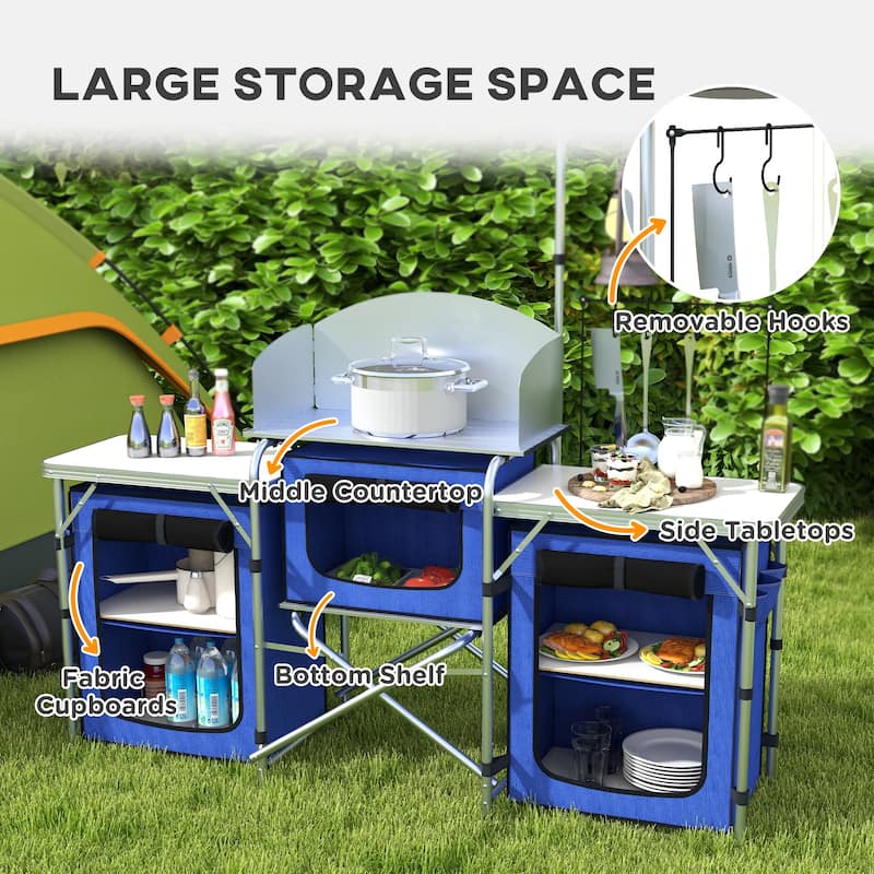 Outsunny Camping Kitchen Table, Portable Folding Camp Kitchen, Aluminum Cook Station with 3 Fabric Cupboards, Windshield