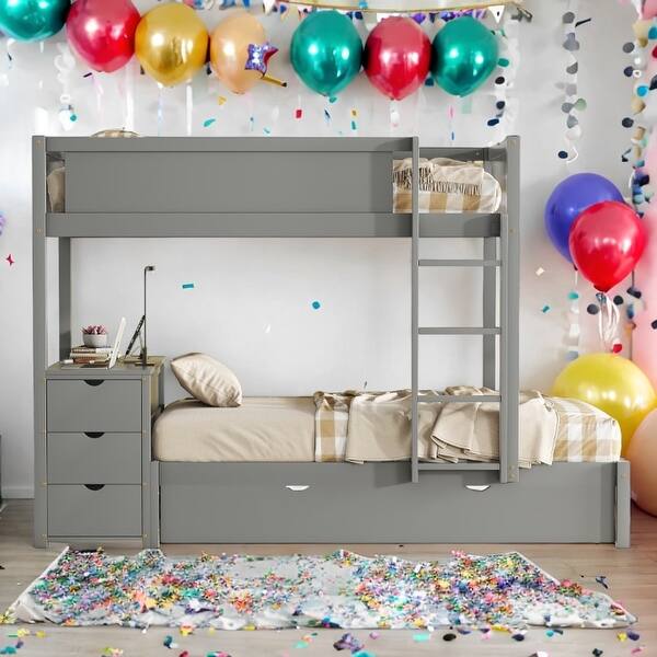 slide 2 of 18, Twin-Over-Twin Bunk Bed with Twin size Trundle, Storage and Desk,Multifunctional Bunk Bed With Storage Gray