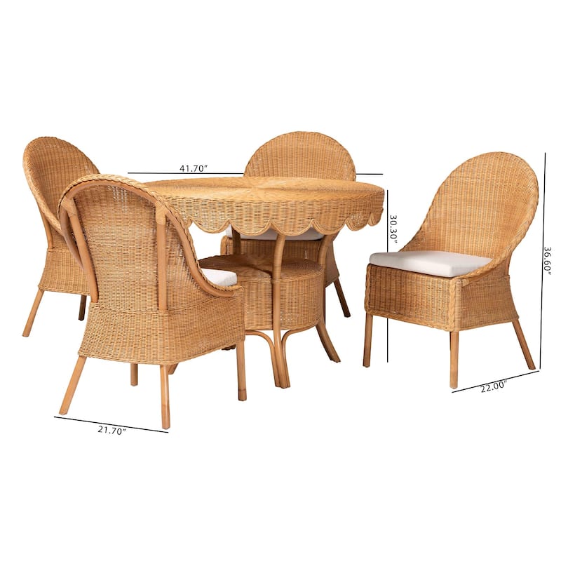 Tyrone 5-Piece Rattan Dining Set - Round Wicker Table with Scallop Edge and 4 Side Chairs, Woven Boho Coastal Style for Dining