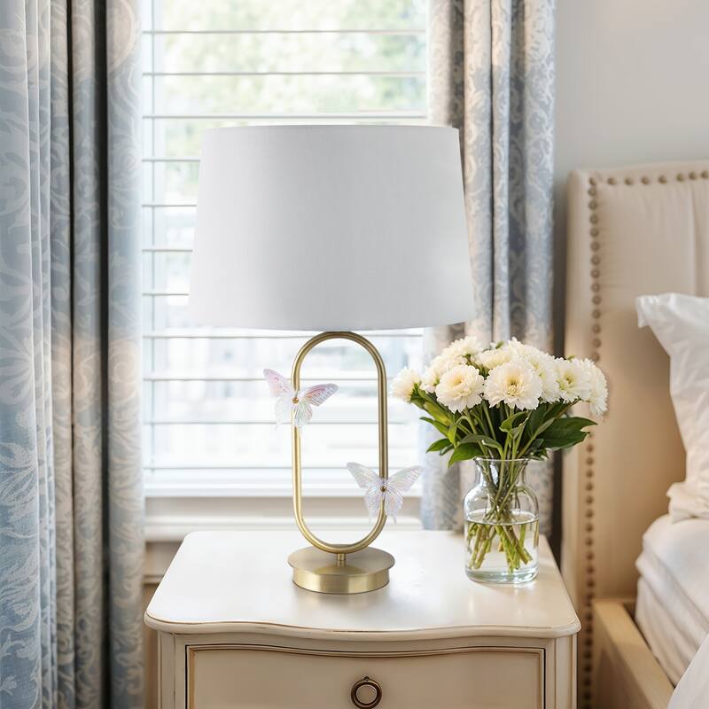 Metal Table Lamp Iridescent Butterfly Accents Fabric Shade - 24" Gold - 15" x 15" x 24" - 15" x 15" x 24" - Gold/ Metallic