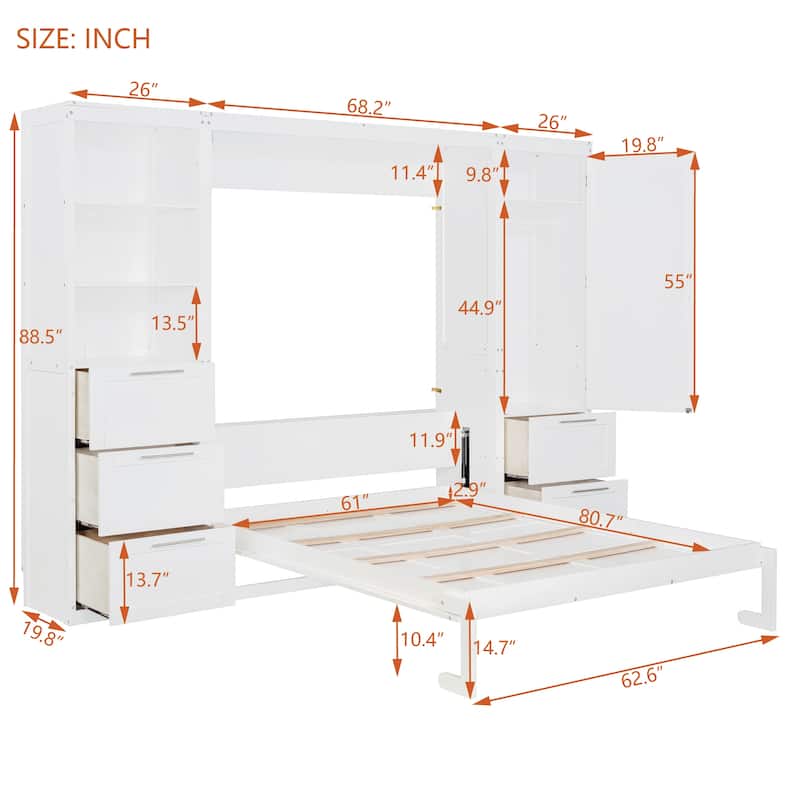 Modern Queen Murphy Bed with Closet, Drawers & Shelves
