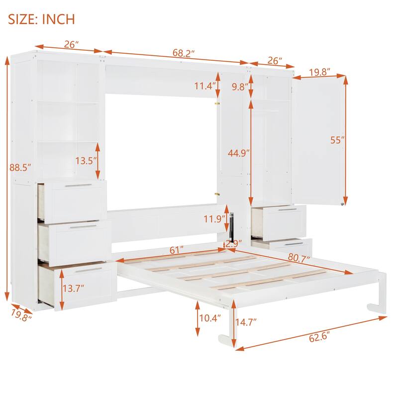 Queen Size Murphy Wall Bed with Built-In Closet, Drawers, and Shelves, Space-Saving Design