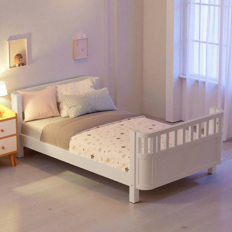 Wood Twin/Full Size Platform Bed with Safety Rails, Low Profile Kids Bed Frame for Girls and Boys