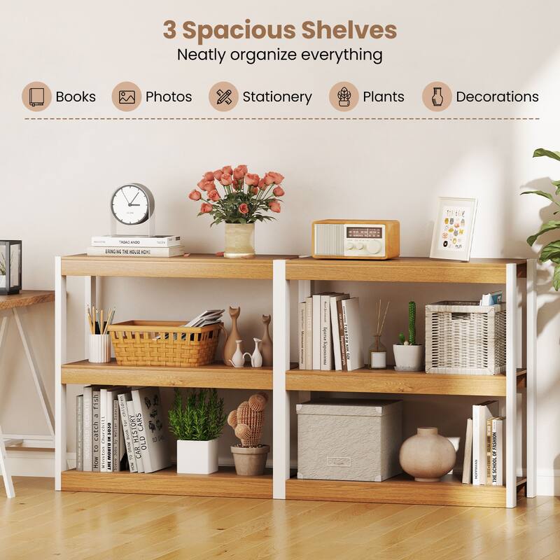 Gymax 2 PCS 3 Tier Bookshelf Wooden Bookcase w/ Dual Anti-Tipping Kits