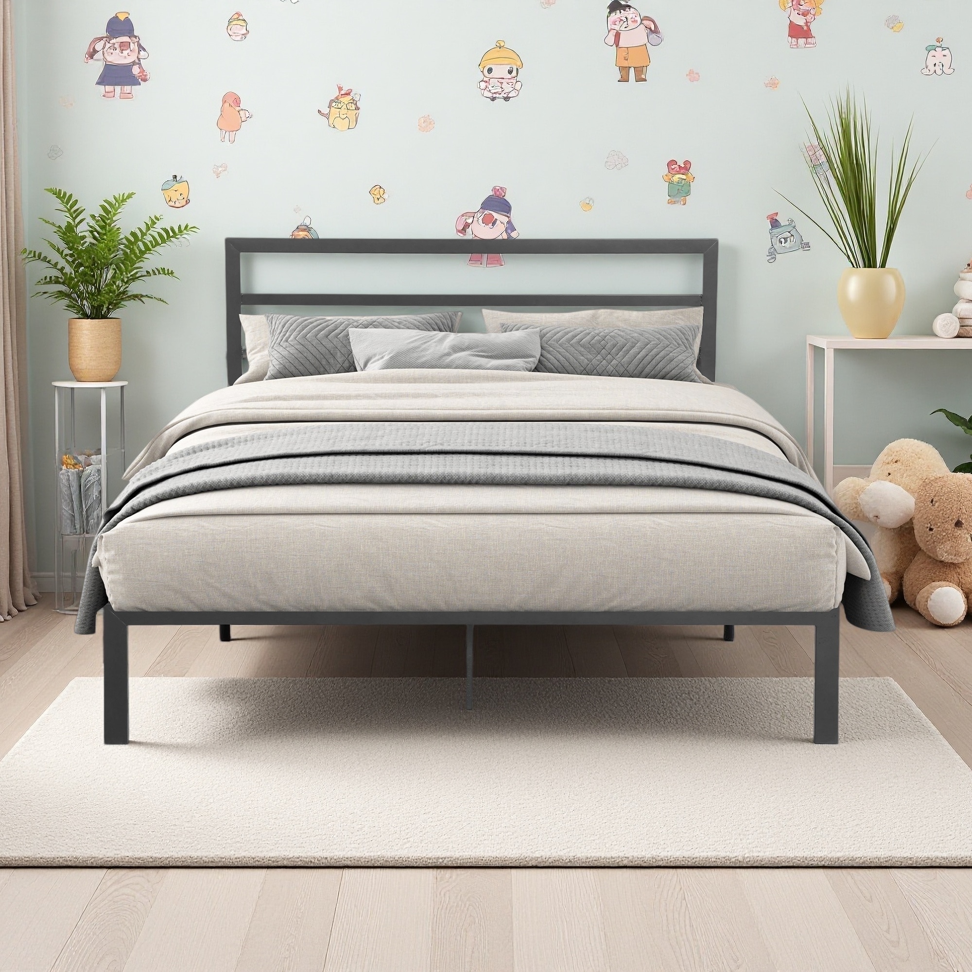 Queen Size Metal Platform Bed Frame with Headboard, and Under-Bed Storage