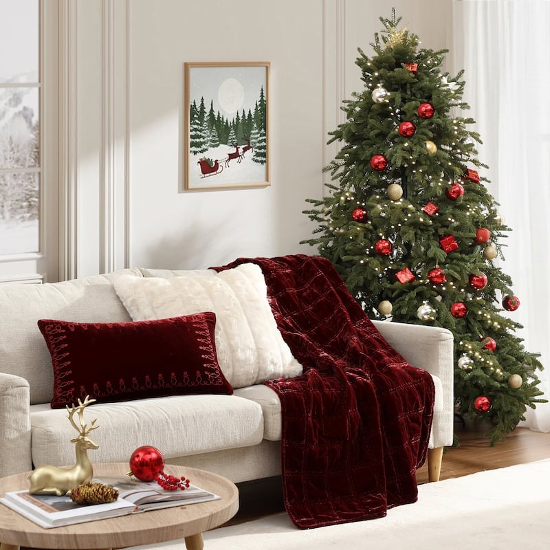 HiEnd Accents Stella Faux Silk Velvet Romantic Western Embroidered Decorative Throw Lumbar Pillow, 14"x24"