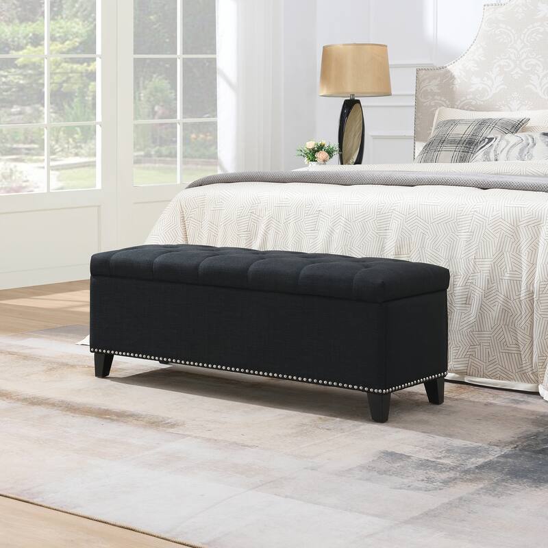 47.5" Storage Ottoman, Storage Bench with Safety Close Hinge, Linen Button-Tufted Ottoman for Living Room, Support 500lbs - Black