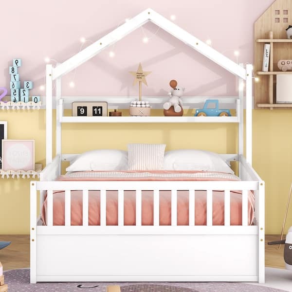 slide 2 of 24, Full Size Kids Toddler Platform Bed with Trundle & Shelf White - Full
