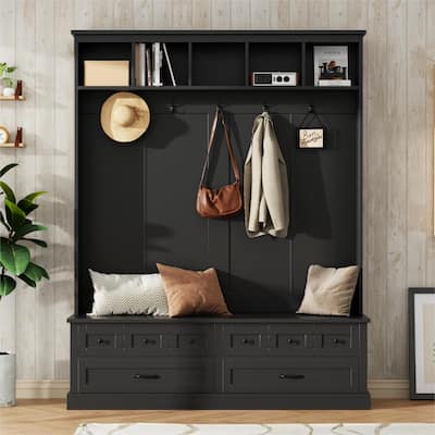 Entryway Hall Tree with Lift-Top Bench & Storage Drawers, Wooden 3-in-1 Coat Rack Shoe Cabinet with Anti-Tip