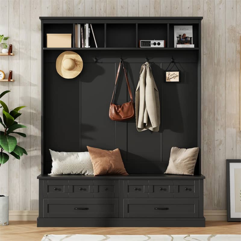 Roomfitters Elegant Wide Hall Tree with Lift-Top Bench, Wooden Mudroom Organizer with 5 Coat Hooks and 2 Storage Sections