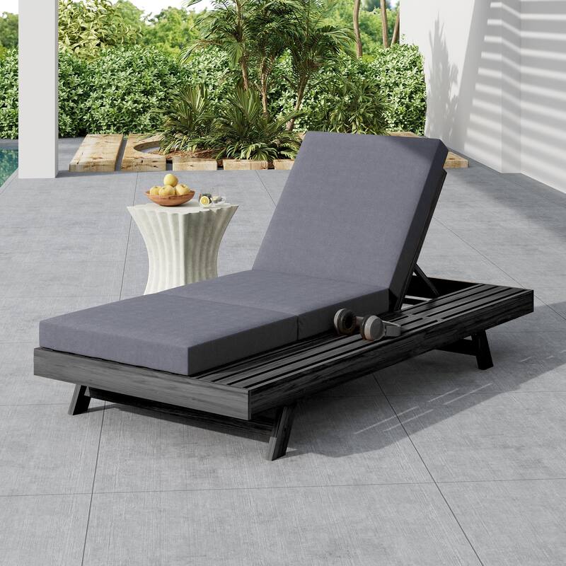 Outdoor Patio Acacia Wood Chaise Lounge Chair with Adjustable Backrest, Side Open Storage and Water-Repellent Cushions - Triple Fold Dark Grey - 1pc Black