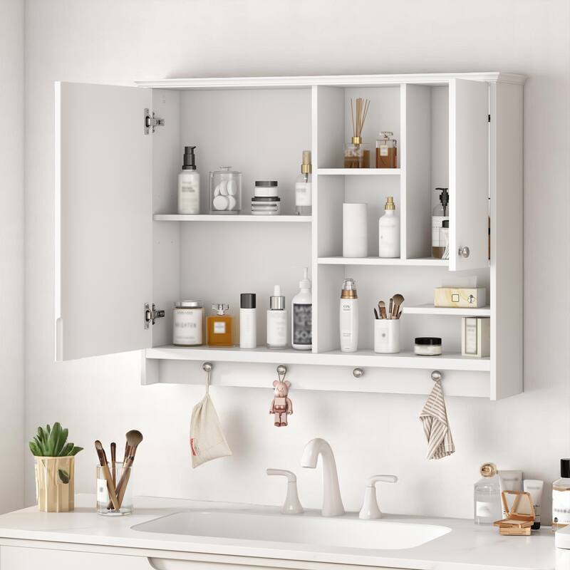Bathroom Wall-Mounted Mirror Cabinet, 36" with 1 Door, Adjustable Shelf and Hidden Storage
