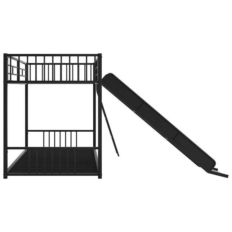 Twin Over Twin Metal Bunk Bed with Slide, Black - Space-Saving Kids Bed with Safety Railings