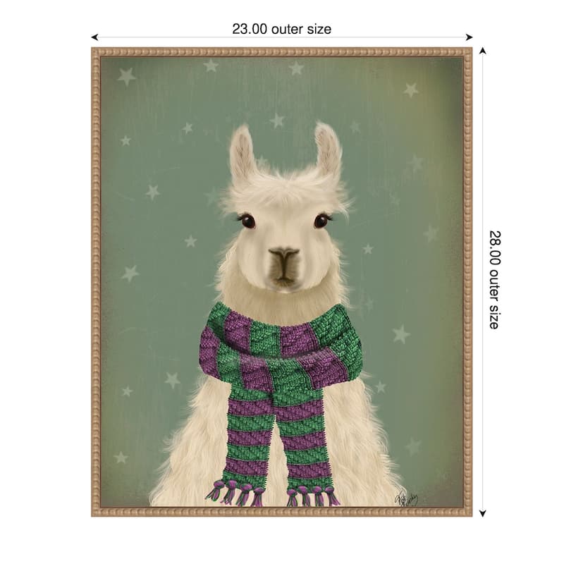 Llama with Purple Scarf, Portrait by Fab Funky (23 x 28 in.), Framed Canvas Wall Art Print - Sylvie Beaded Rustic Natural