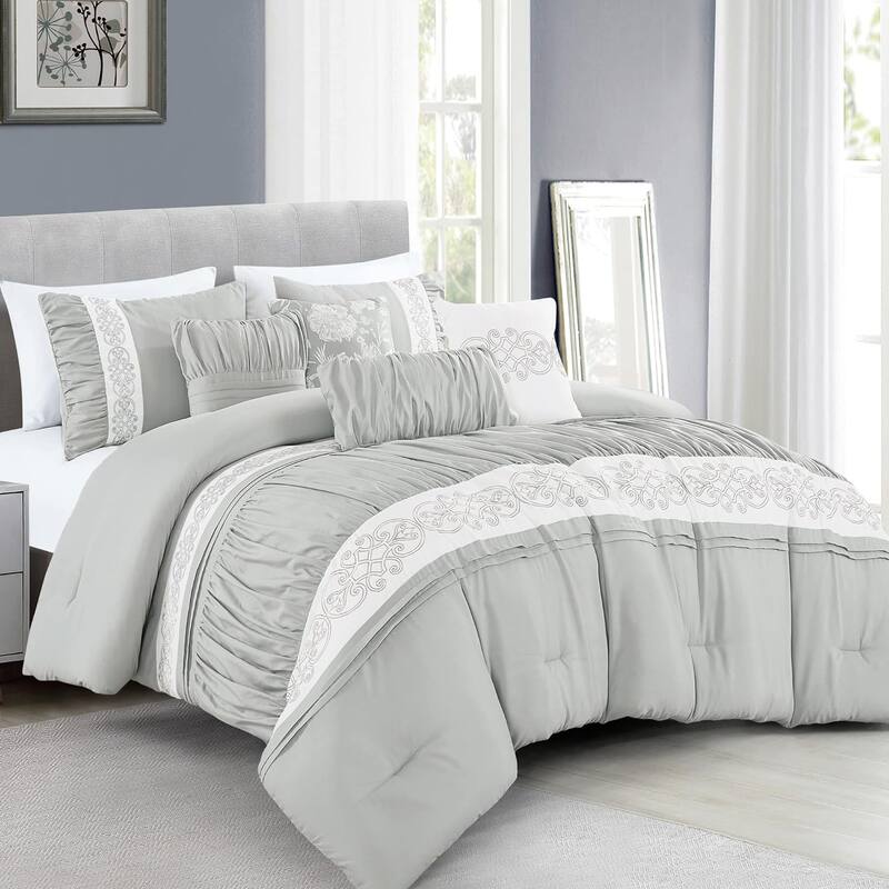 7 Piece Comforter Set Grey White Floral Soft Bedding - Grey and White - King