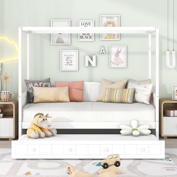 slide 2 of 9, Solid Wood Twin Size Canopy Daybed with Twin Trundle Bed,White White - Twin