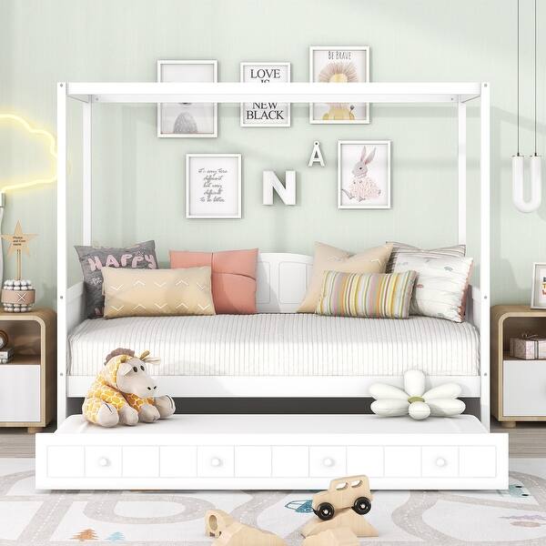slide 2 of 9, Space-Saving Twin Size Canopy Day Bed with Twin Trundle - Functional Design White