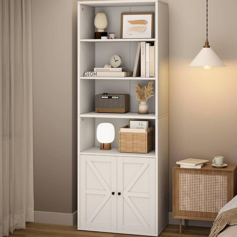 Standing Bookshelf with Doors, 4 Open Storage Shelves