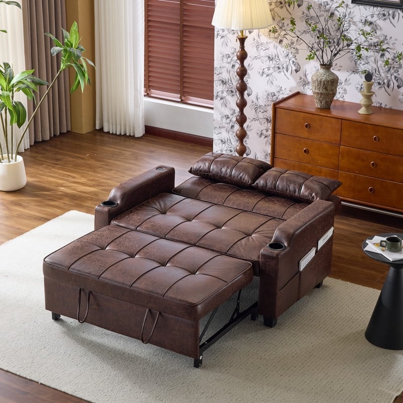 Upholstered Cat's Claw Leather Convertible Reclining Sleeper Sofa Bed With Cushions For Small Spaces