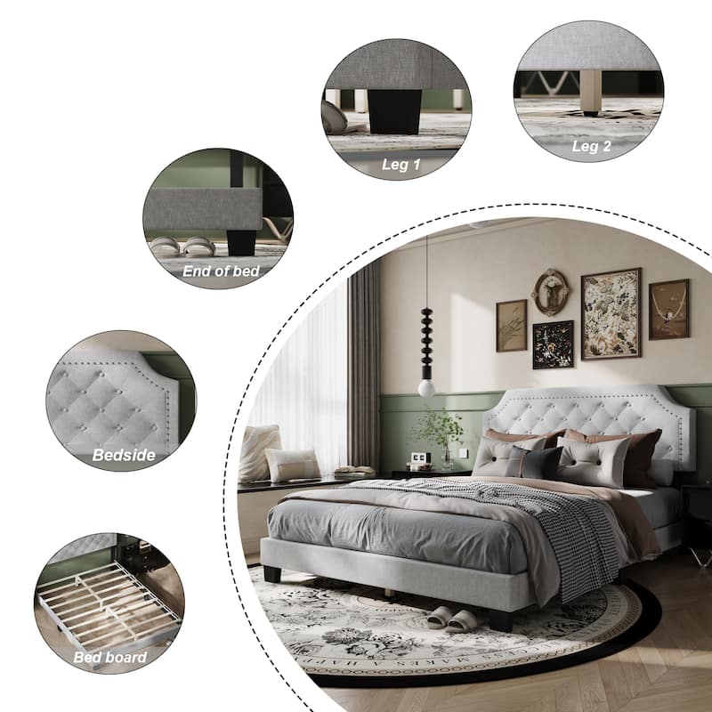 Queen Size Bed Frame with Upholstered Headboard Mattress Foundation